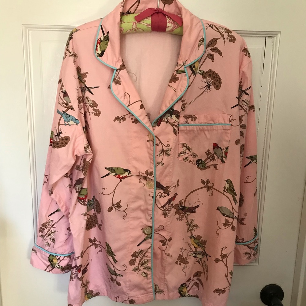 💖 BedHead 100% Cotton Pajama Top Birds Pink Long Sleeve Button Front Lar…
